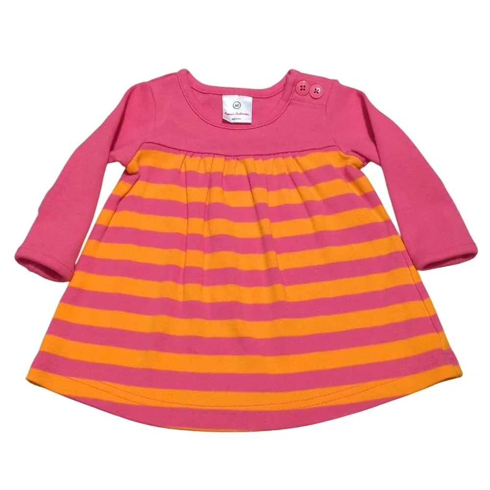 Hanna Andersson Pink Orange Striped Knit Dress Girls Sz 60 US 3-6M Long Sleeve